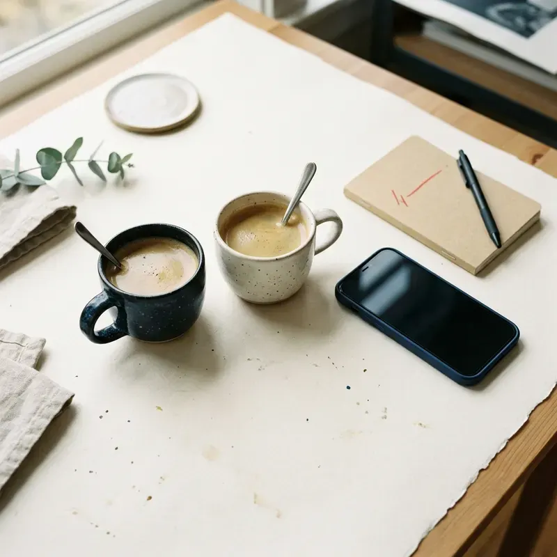 Zwei Tassen Kaffee und ein Smartphone auf hellem Papier, erstes Gespräch