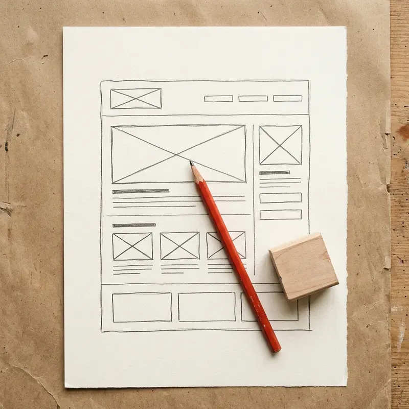 Handgezeichnete Website-Skizze mit rotem Stift und Holzstempel