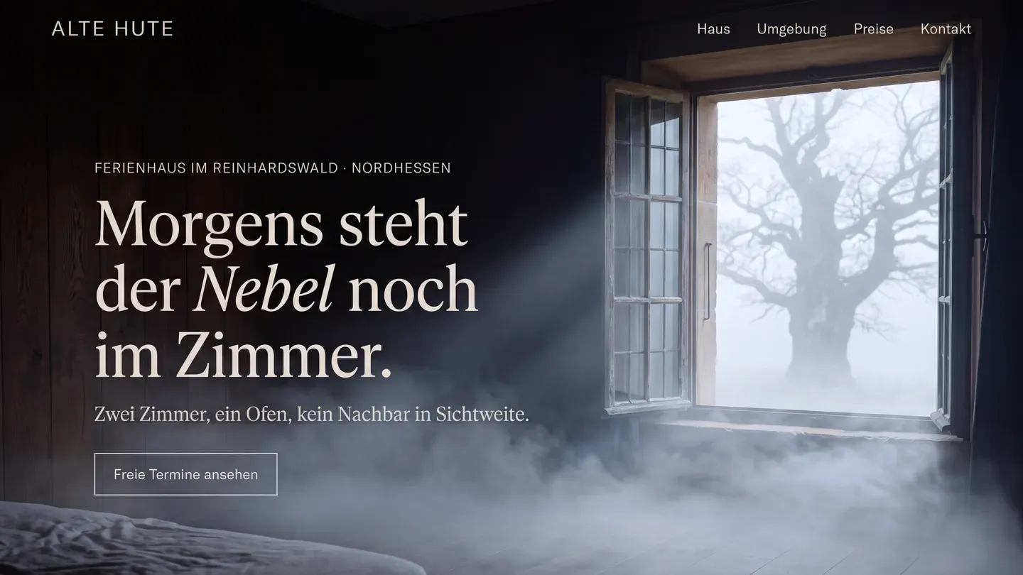 Entwurf einer Website für ein erfundenes Ferienhaus im Reinhardswald: dunkle Holzkammer, Nebel zieht durchs offene Fenster zu einer alten Eiche, Überschrift „Morgens steht der Nebel noch im Zimmer“.