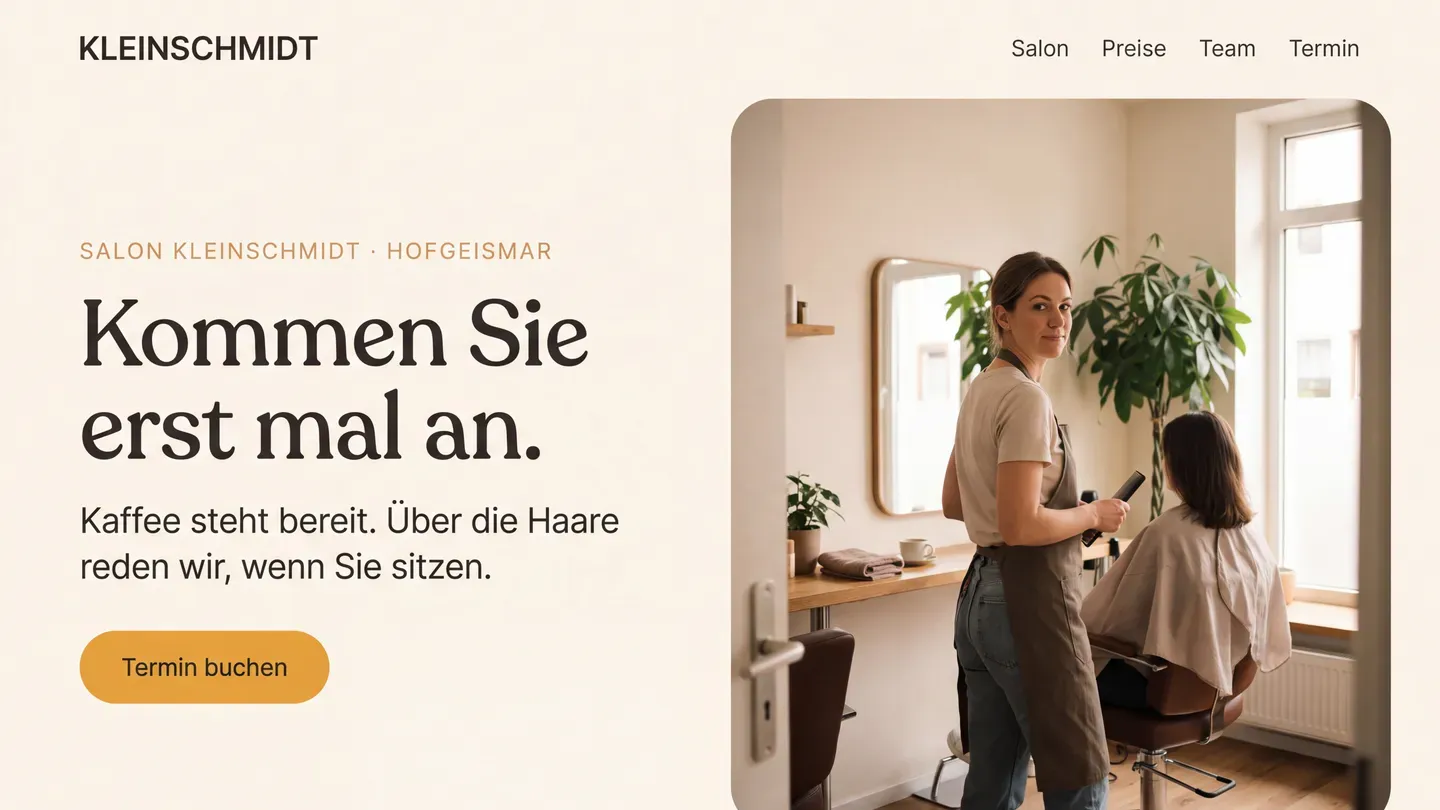 Entwurf einer Website für einen erfundenen Friseursalon: heller Salon mit zwei Frauen am Spiegelplatz, Überschrift „Kommen Sie erst mal an“.