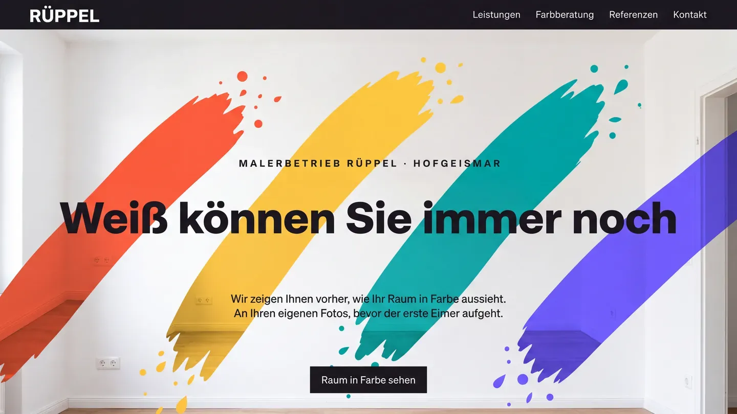 Entwurf einer Website für einen erfundenen Malerbetrieb: ein weißer Raum mit vier breiten Farbstreichen quer über die Wand, Überschrift „Weiß können Sie immer noch“.