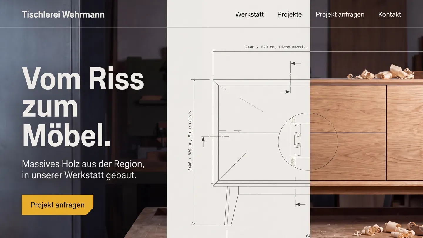 Entwurf einer Website für eine erfundene Tischlerei: dunkle Werkstatt, technische Zeichnung und fertiges Eichensideboard nebeneinander, dazu die Zeile „Vom Riss zum Möbel“.