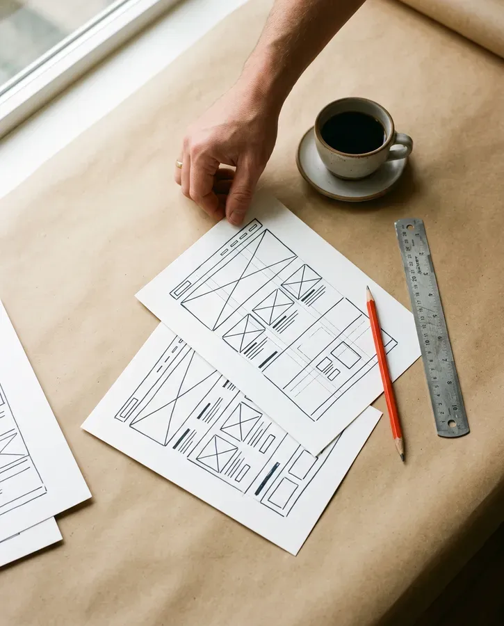 Werkbank von Felix Ebbrecht: Wireframe-Skizzen auf Packpapier, roter Stift, Lineal und Kaffee